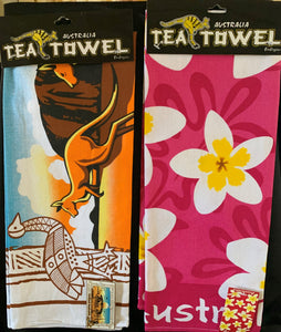 Tea Towels printed with Australia Outback and Frangipani Flowers