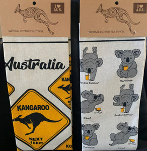 Tea Towel printed Australian Road Signs and Caffeinated Koalas