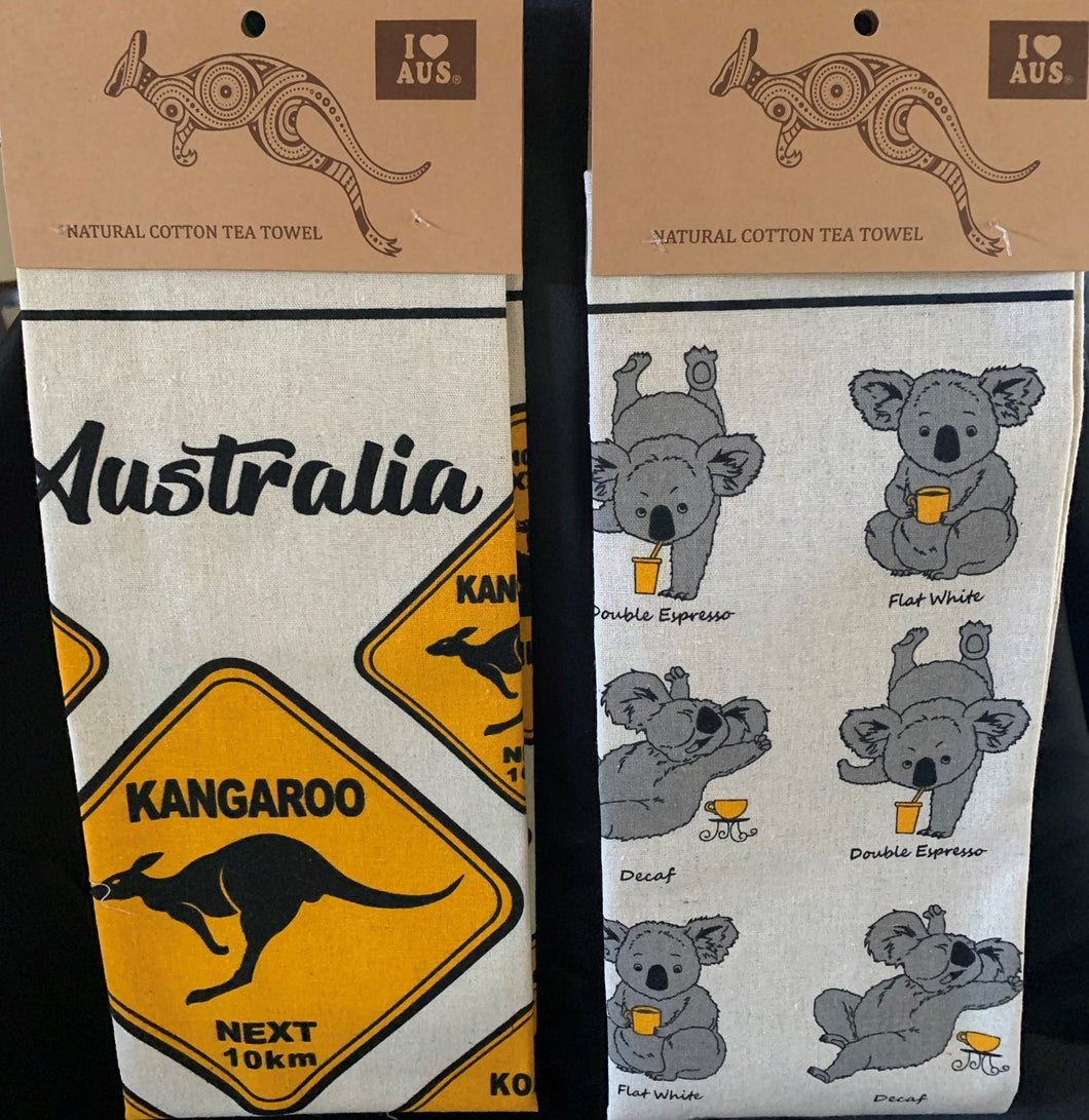 Tea Towel printed Australian Road Signs and Caffeinated Koalas